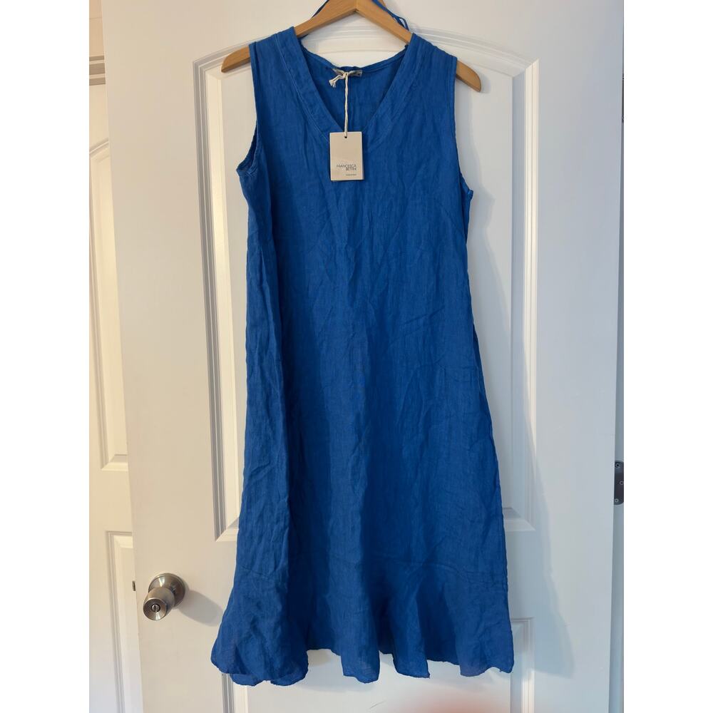 NWT Francesca Bettini Pure Linen Sleeveless V-Neck Ruffle Hem Midi Dress- Medium
